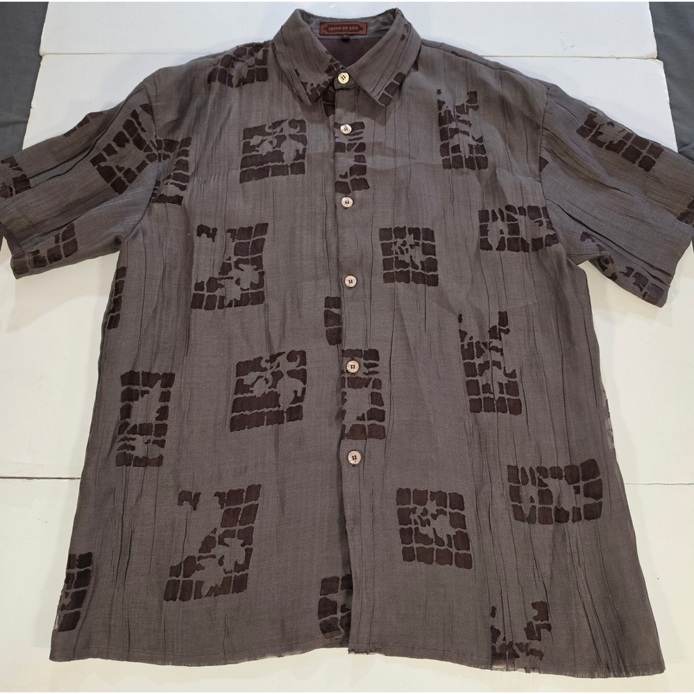 Creme de Silk Mens Gray Burnout Block Short Sleeve Button Down Shirt Large